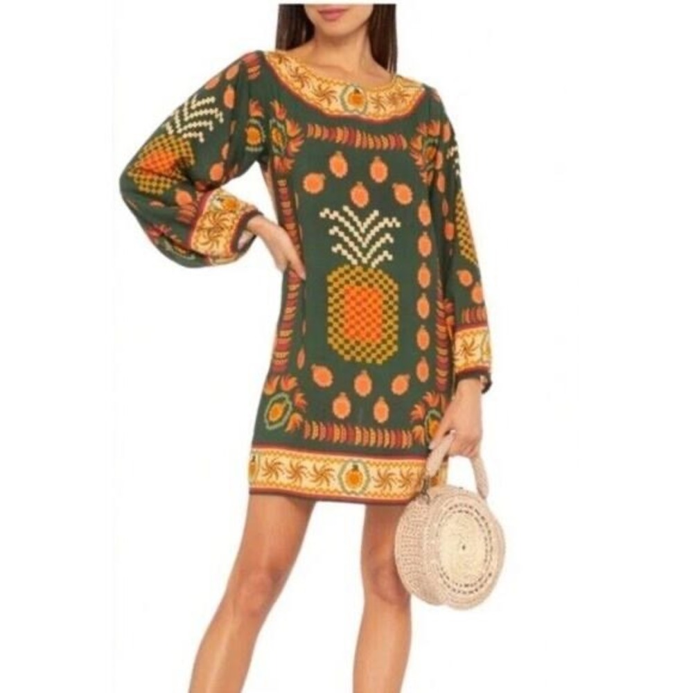 FARM Rio Pineapple Print Long Sleeve Mini Dress Green Yellow Orange Boho‎